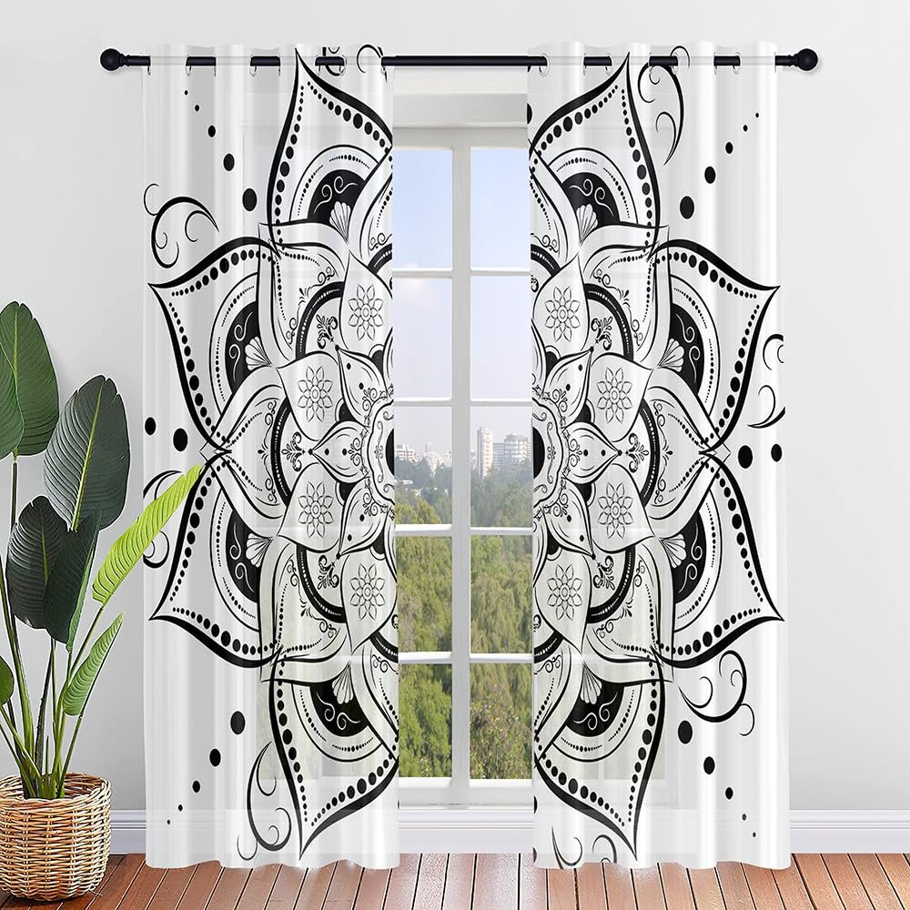 Highdi 3D Voile Curtains with Grommets, 2-Piece Set, White Mandala, 55 x 95 cm