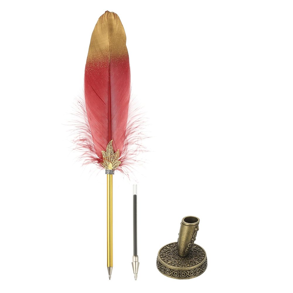 PATIKIL Feather Ballpoint Pen, Vintage Calligraphy Pen with Bronze Holder, Date Red