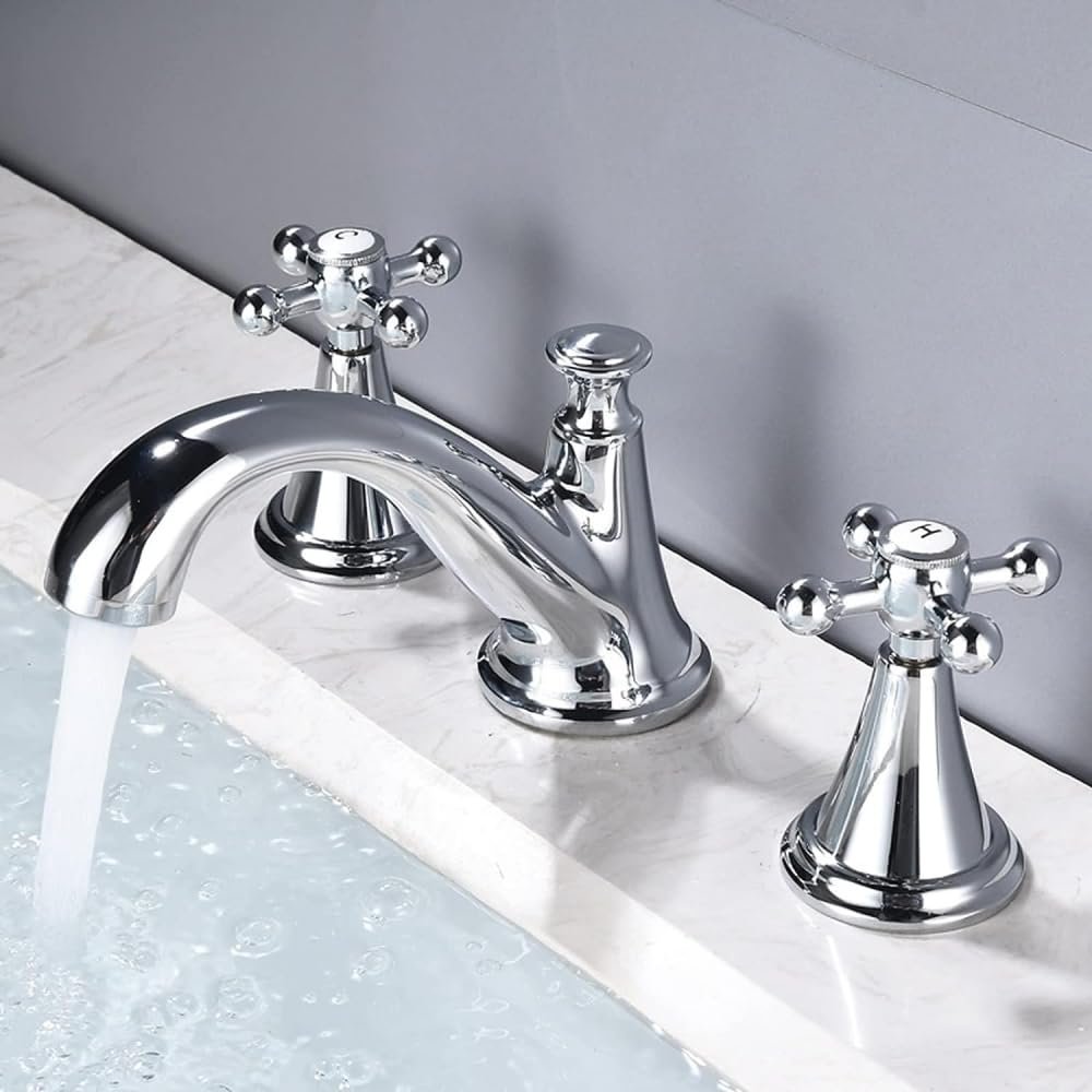 OWOHYG Two-Handle Brass Bathroom Faucet, Cross Handles, 3-Hole Deck Mount, Black (Chrome)