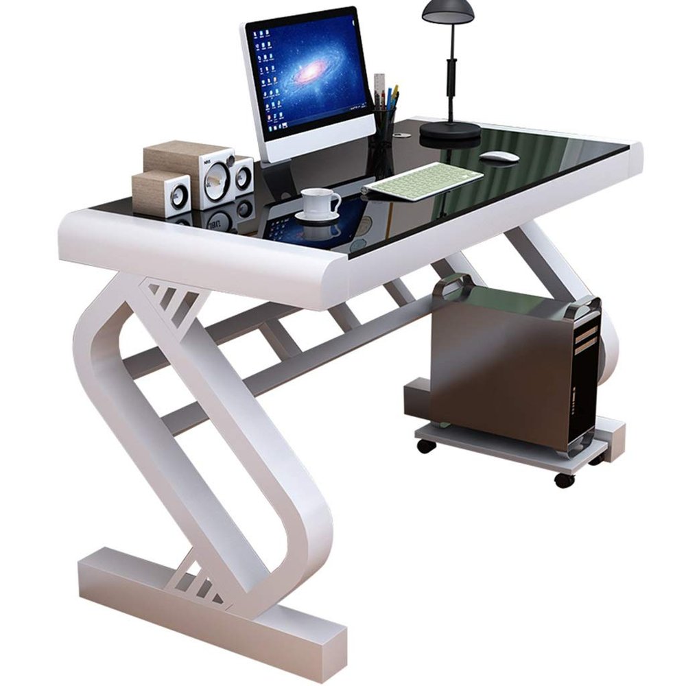 Modern White Student Desk with Tempered Glass Top for Home Office, Easy Assembly, Corner Desk for Small Spaces