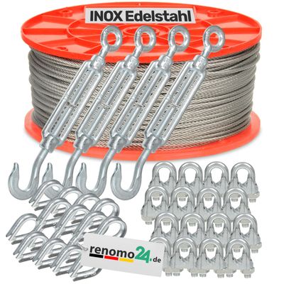Renomo24 Stainless Steel Cable Set 6 (5 mm, 7x19) – 15 m, 4 Hook/Eye Turnbuckles, 16 Wire Rope Clips, 16 Thimbles, V4A/AISI 316