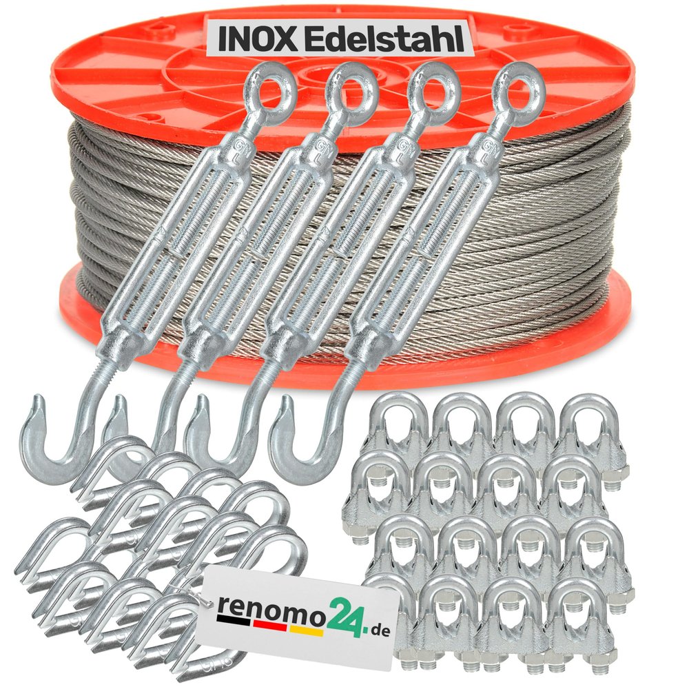 Renomo24 Stainless Steel Cable Set 6 (5 mm, 7x19) – 15 m, 4 Hook/Eye Turnbuckles, 16 Wire Rope Clips, 16 Thimbles, V4A/AISI 316