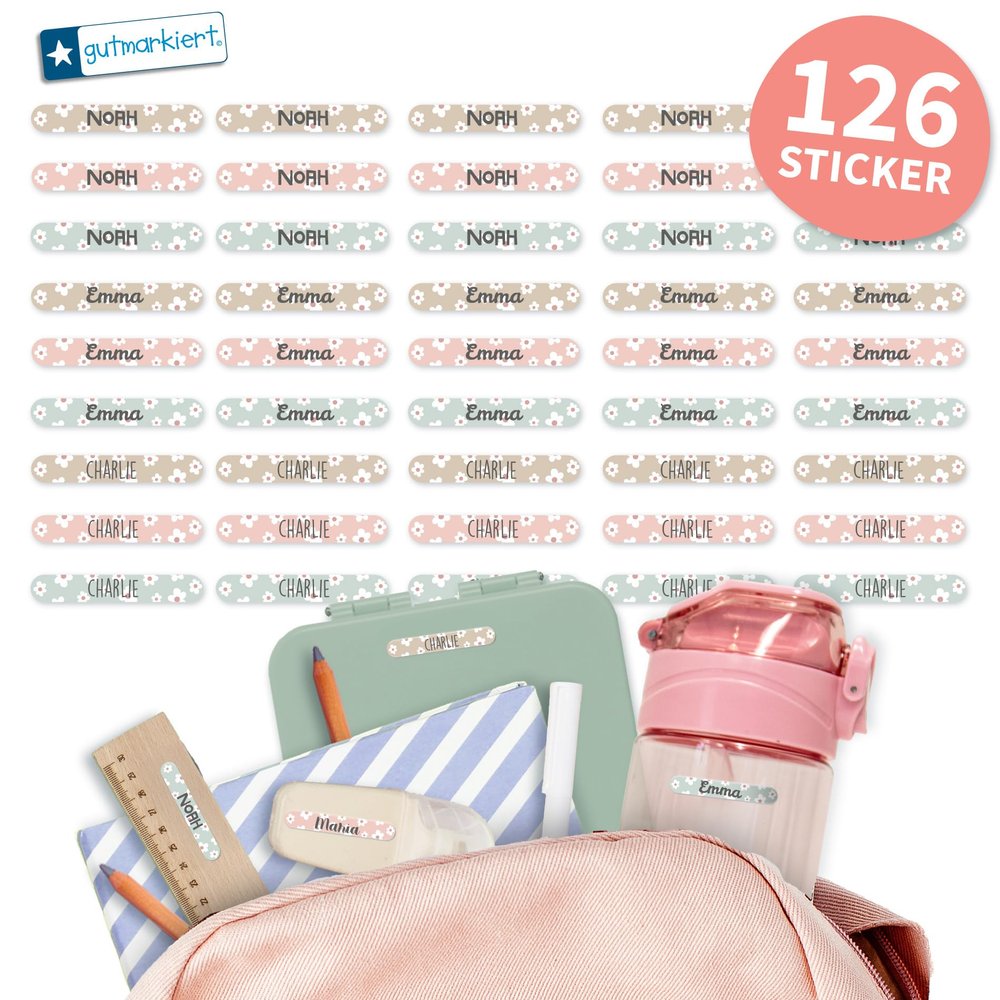 Gutmarkiert Personalized Name Labels – 126 Flower Stickers, 3.8 x 0.6 cm