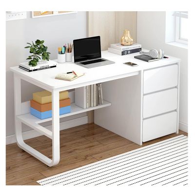 Computer Desk with 3 Drawers, Storage Rack, Large White Rectangular Desktop, 120 cm