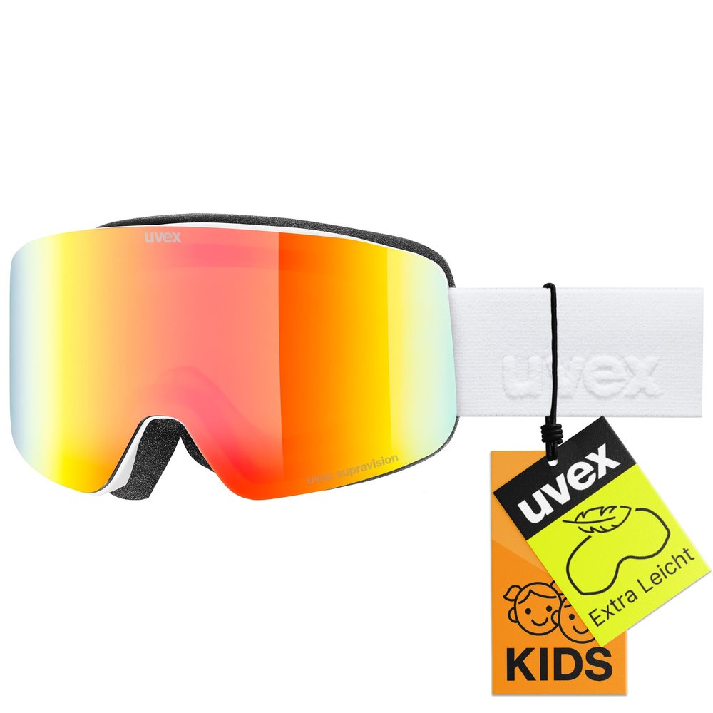 uvex pwdr FM – stylish mirrored ski goggles with wide field of view and anti-fog coating, adult features for kids – matte white/rainbow-clear – one size