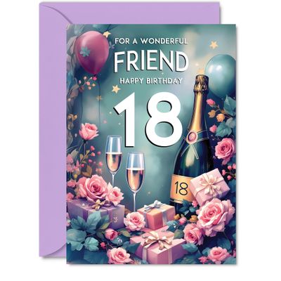 18th Birthday Card for a Friend, Champagne Bottle, Pink