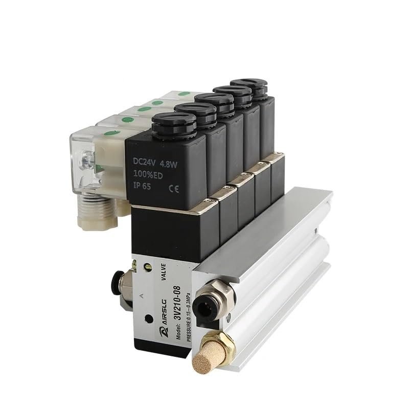 FBPQRCONS 3V110-06-NC Normally Closed Solenoid Valve Block with Muffler Fitting Base Manifold, DC 12V/24V, AC 110V/220V, 3-Port (9 Stations)