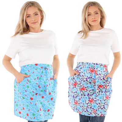 Schuerzenfabrik Cotton Half Apron, Blue/Light Blue Floral Pattern, Short Cooking Apron with 2 Pockets, Color: Double Pack 5