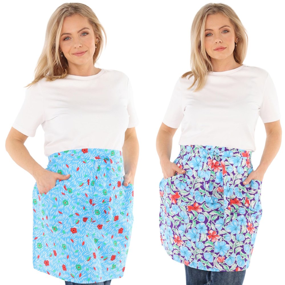 Schuerzenfabrik Cotton Half Apron, Blue/Light Blue Floral Pattern, Short Cooking Apron with 2 Pockets, Color: Double Pack 5