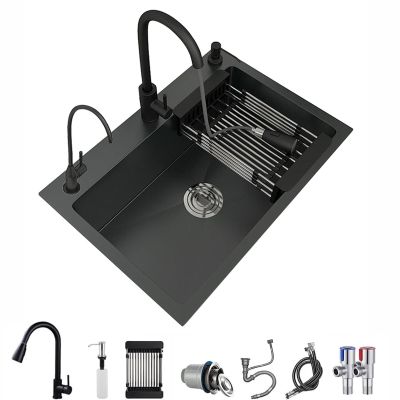 Brigtviee Multifunctional Stainless Steel Kitchen Sink, 1 Basin, Black, 68 x 45 cm