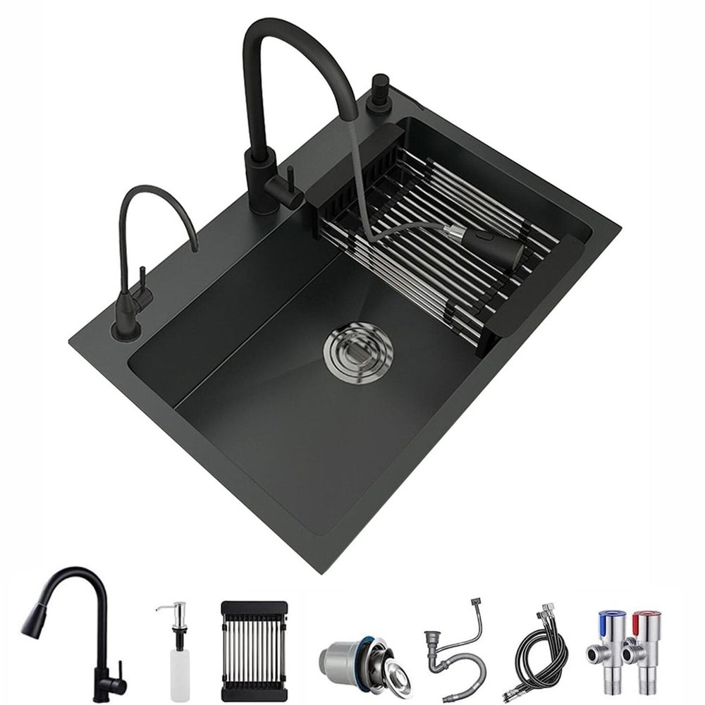 Brigtviee Multifunctional Stainless Steel Kitchen Sink, 1 Basin, Black, 68 x 45 cm