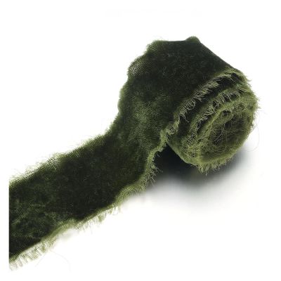 AQXYWQLL Handmade Frayed-Edge Velvet Suede Fabric Ribbon, Olive Green