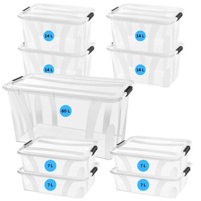 Lidded Storage Boxes 7L–80L, Stackable Plastic Boxes with Snap Closures, Food-Safe Set (4 × 32L & 1 × HLKauf Block)