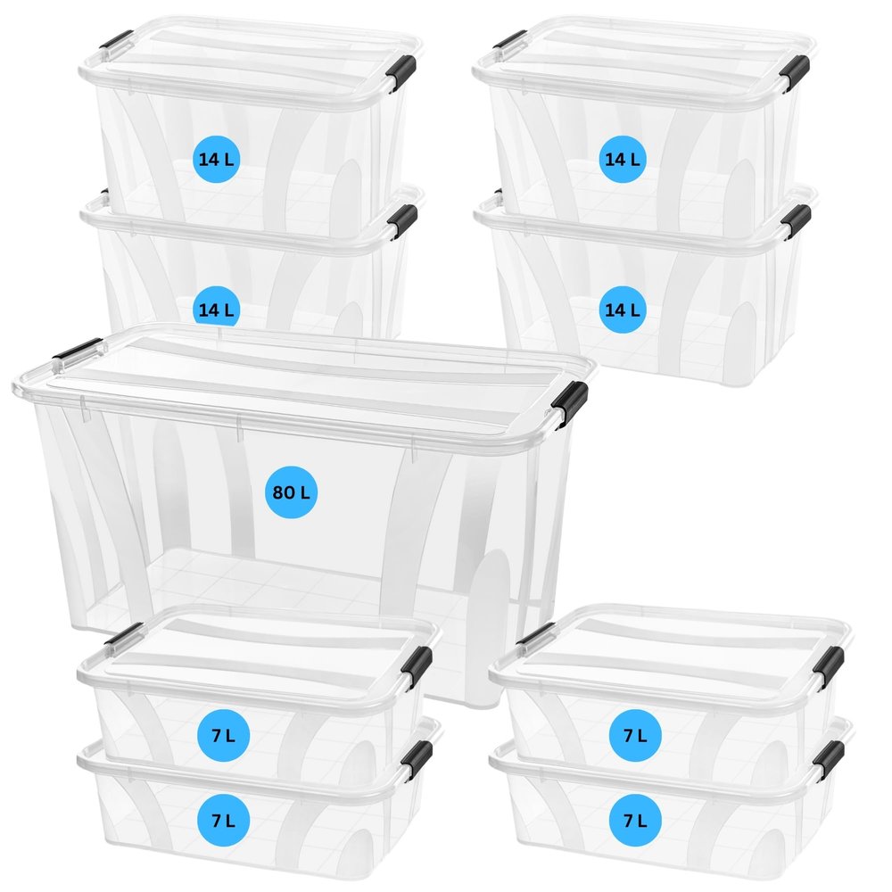 Lidded Storage Boxes 7L–80L, Stackable Plastic Boxes with Snap Closures, Food-Safe Set (4 × 32L & 1 × HLKauf Block)