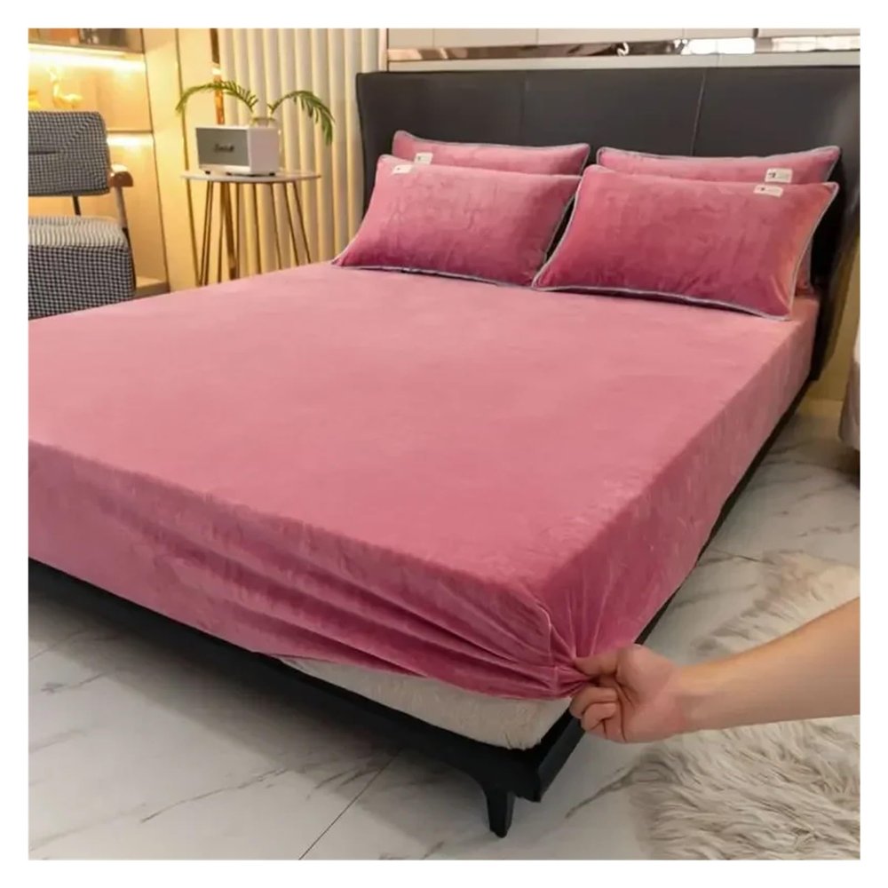 Velvet Plush Fitted Sheet, Warm and Soft, Dark Pink, 150 x 200 cm, 1 Piece