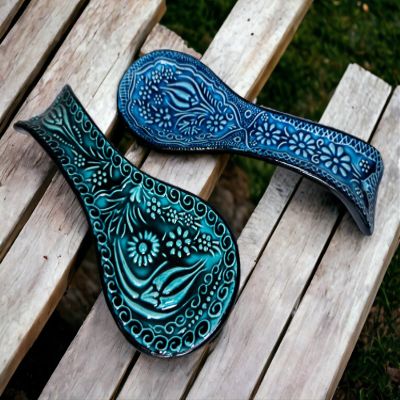 Blue & Turquoise Ceramic Spoon Rest, Handmade Spoon Holder for Stovetop, Tea Bag Holder, Kitchen Utensil Holder, Gift for the Home