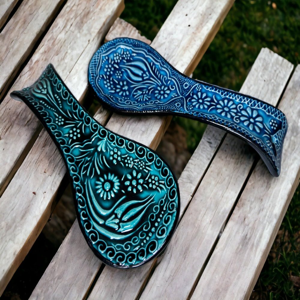 Blue & Turquoise Ceramic Spoon Rest, Handmade Spoon Holder for Stovetop, Tea Bag Holder, Kitchen Utensil Holder, Gift for the Home