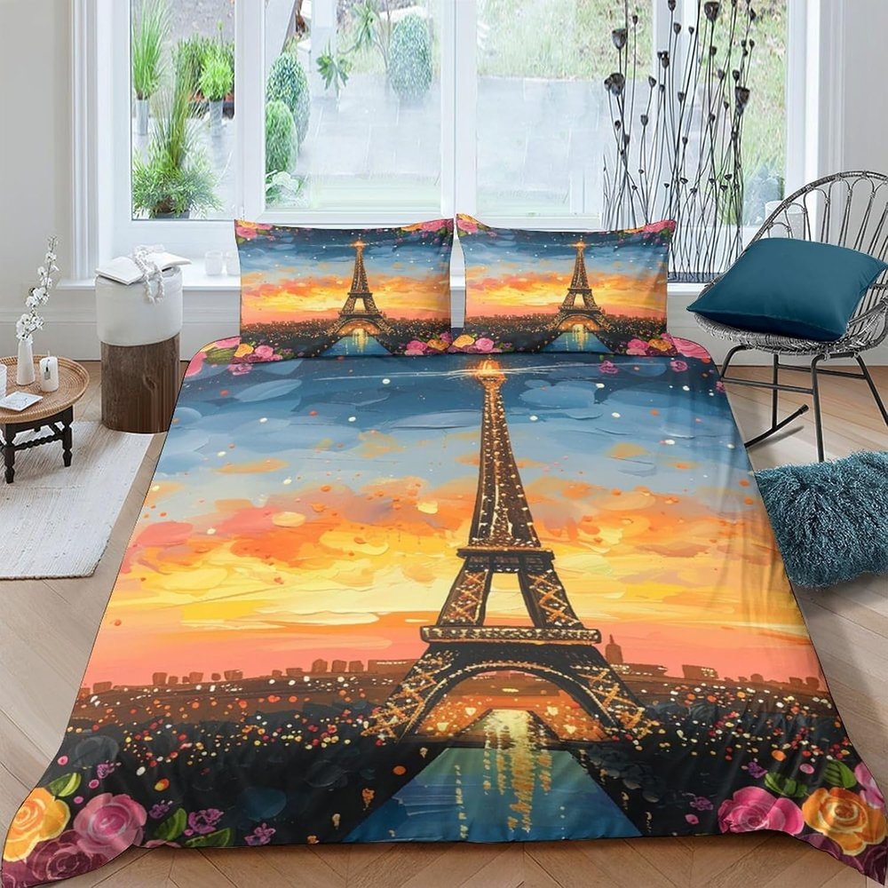 Eiffel Tower Paris Bedding Set 135 x 200 cm, 100% Microfiber, with Zipper and 2 Pillowcases