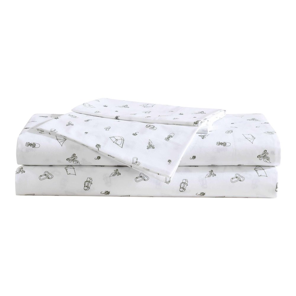 Eddie Bauer Sheet Set, Cotton Percale Bedding with Matching Pillowcase, Crisp and Cool, Fully Elasticized (Camp Green, Twin)