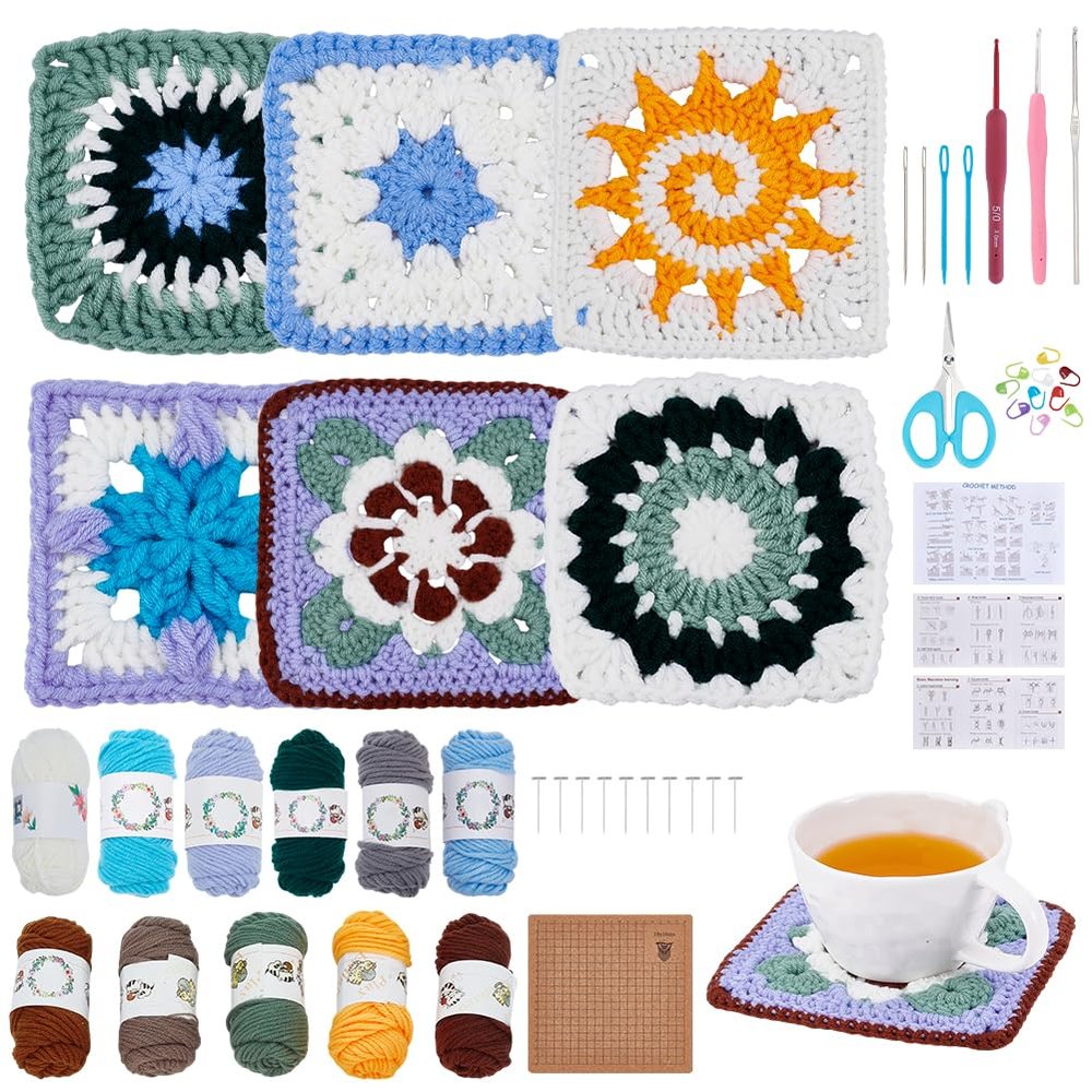 INFUNLY 6-Style Granny Square Crochet Kit for Adults, 8 x 8-Inch Floral Squares, DIY Starter Set with Instructions and Blocking Mat