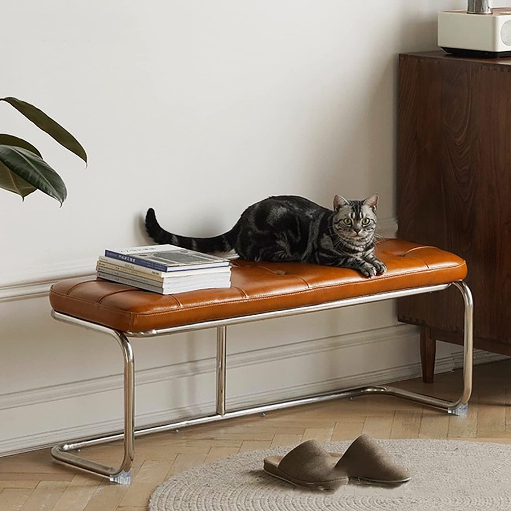 Padded PU Leather Bench with Metal Base, Brown, 100 x 40 x 45 cm