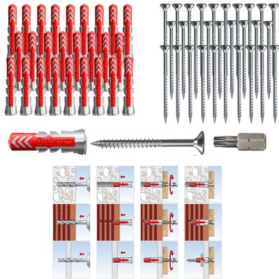 Fischer DUOPOWER Universal Wall Anchors with Screws and Bit, 10 x 50 mm, 20-Pack