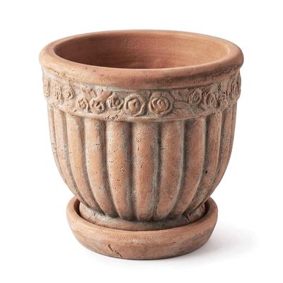 Wavy Studio Rustic Terracotta Flower Pot, 20.3 cm, with Saucer and Embossed Rose Pattern