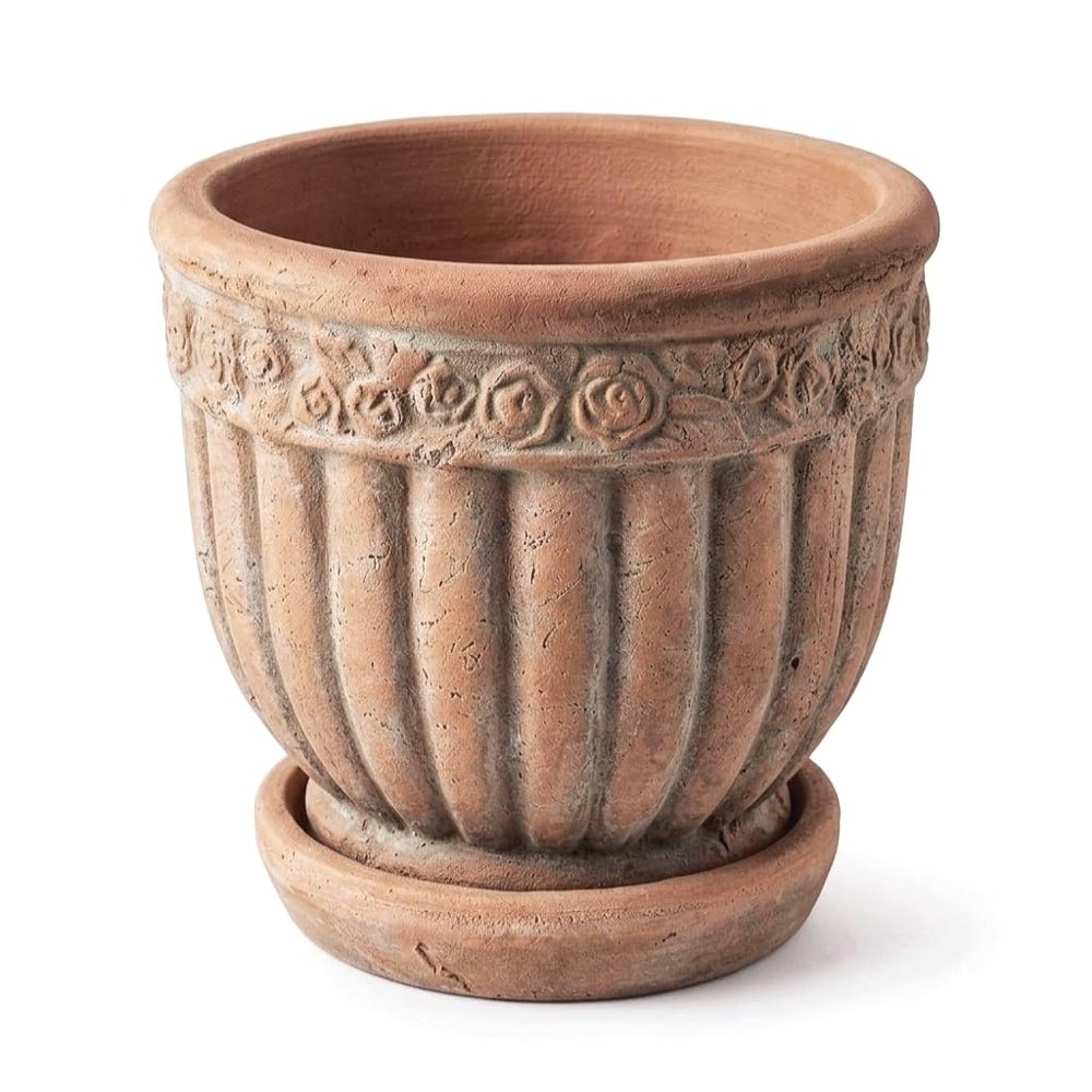 Wavy Studio Rustic Terracotta Flower Pot, 20.3 cm, with Saucer and Embossed Rose Pattern