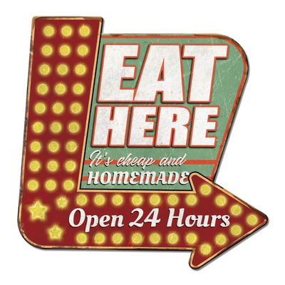 SUPERDANT Eat Here Metal Sign, Open 24 Hours, Retro Restaurant Decor, 27 x 27.2 cm
