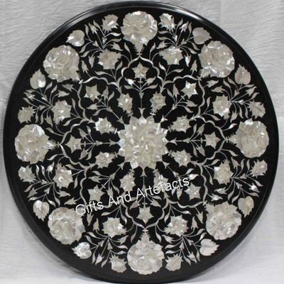 Round Black Marble Coffee Tabletop with Mother-of-Pearl Inlay, 21 x 21 in