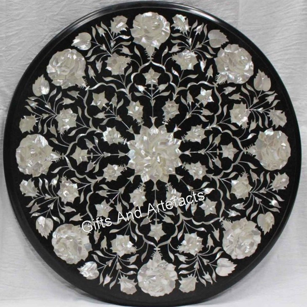 Round Black Marble Coffee Tabletop with Mother-of-Pearl Inlay, 21 x 21 in