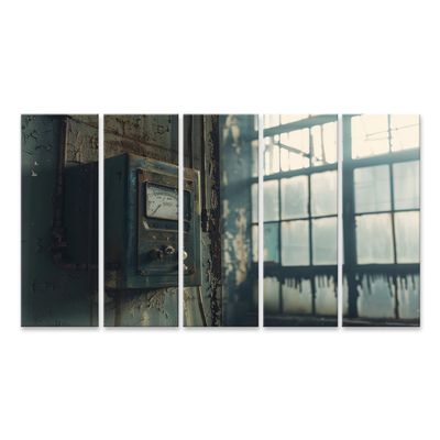 islandburner Canvas Wall Art, Old Factory Control Device in Abandoned Warehouse, Industrial Art, 5-Piece, 160 x 80 cm