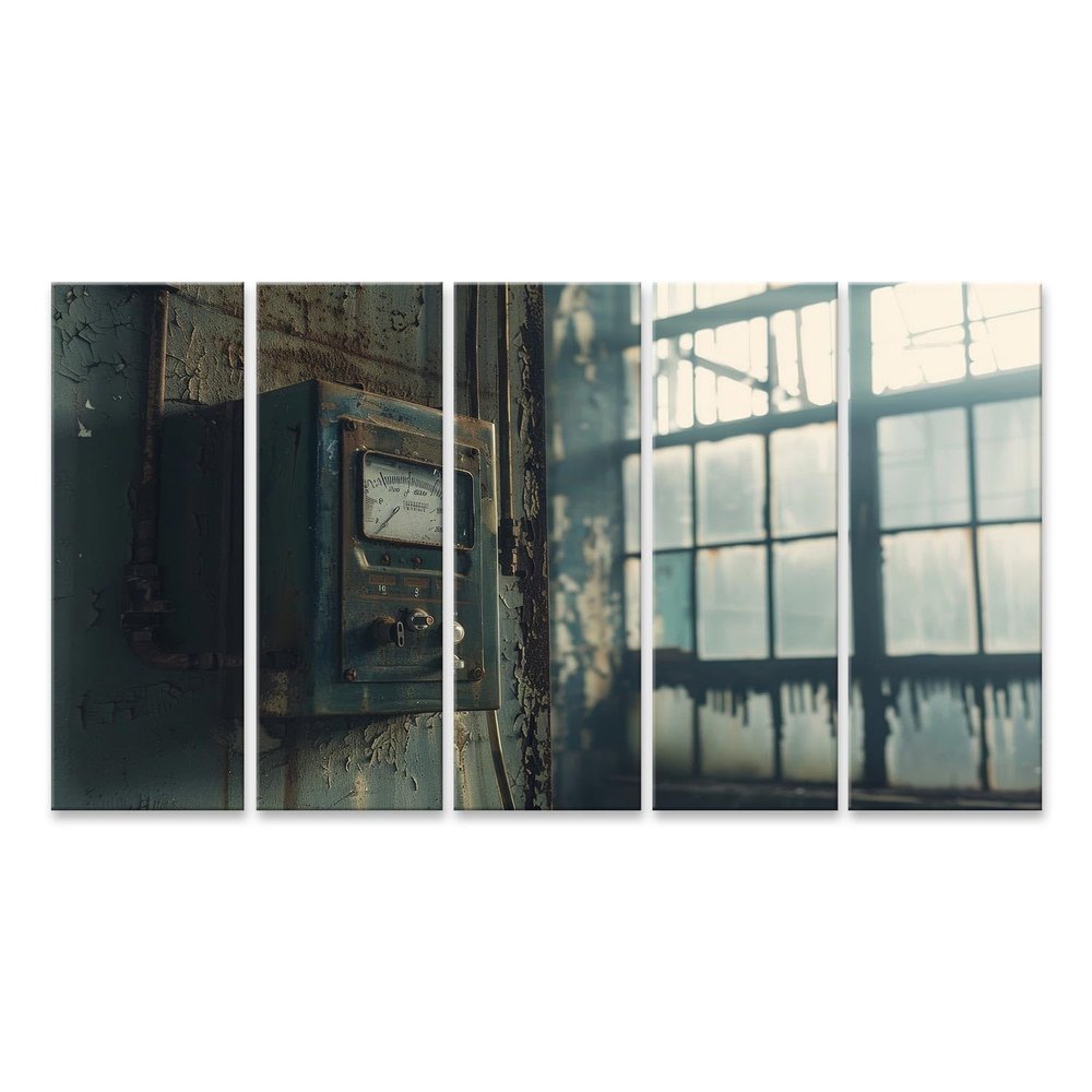islandburner Canvas Wall Art, Old Factory Control Device in Abandoned Warehouse, Industrial Art, 5-Piece, 160 x 80 cm