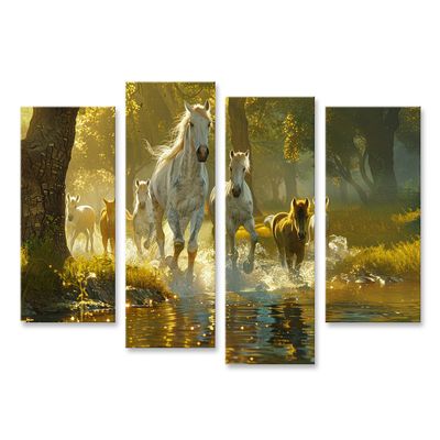 islandburner Canvas Wall Art, Horses Running Through a Sunny Forest Stream, for Living Room and Horse Lovers