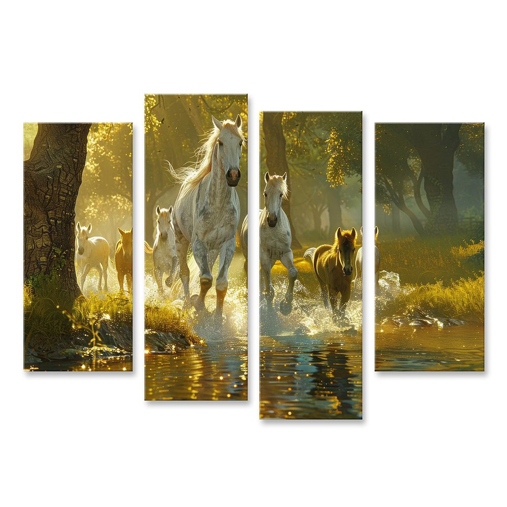 islandburner Canvas Wall Art, Horses Running Through a Sunny Forest Stream, for Living Room and Horse Lovers