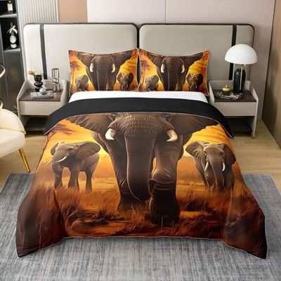 100% Cotton Elephant Bedding Set, 200 x 200 cm, Yellow Gray Orange