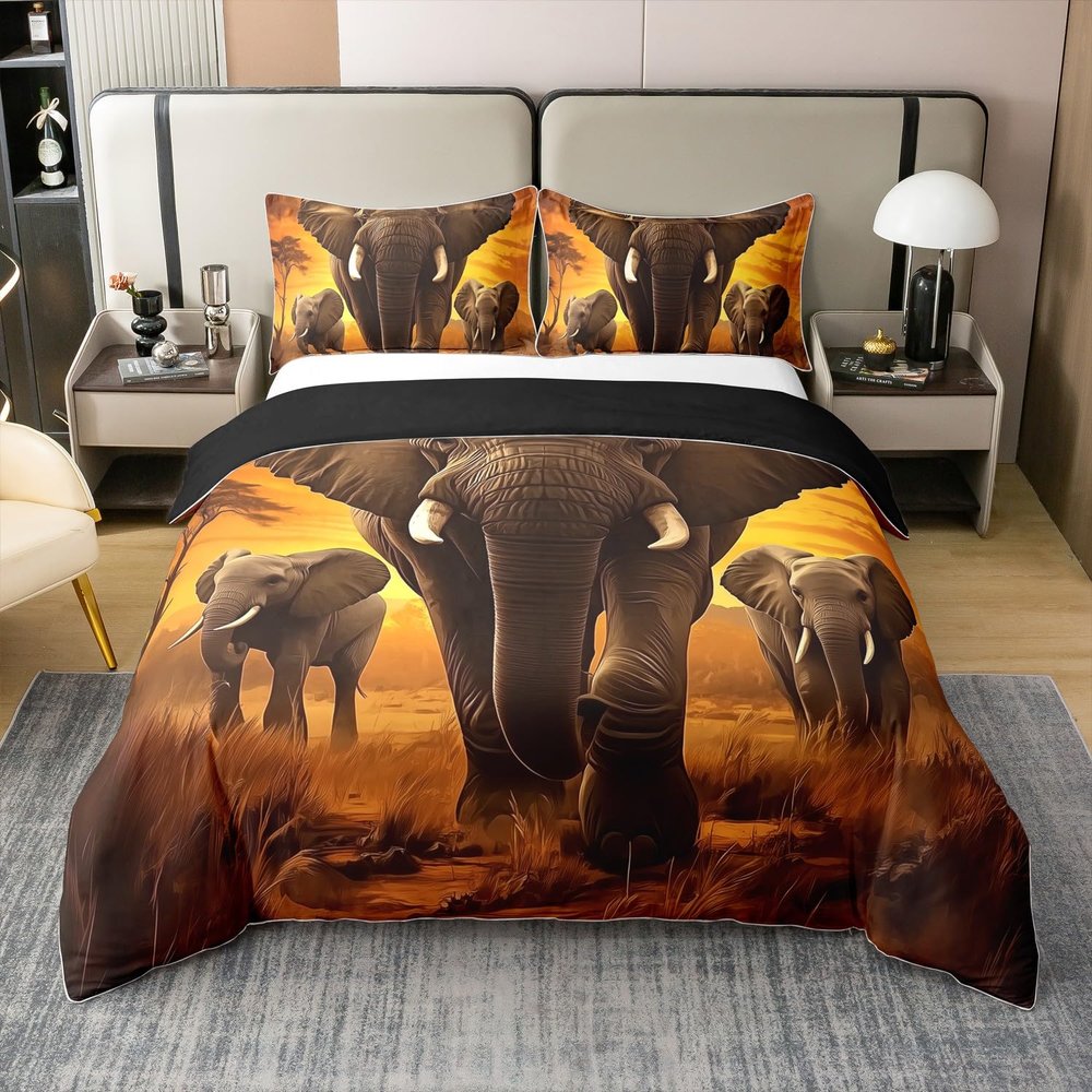 100% Cotton Elephant Bedding Set, 200 x 200 cm, Yellow Gray Orange