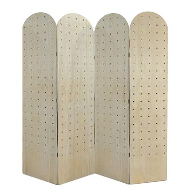 Pegboard Room Divider, W-Shaped Folding Screen with Storage Shelf, for Craft and Art Exhibitions and Retail Events (Wood Color, 180 x 40 cm, 4 Panels)