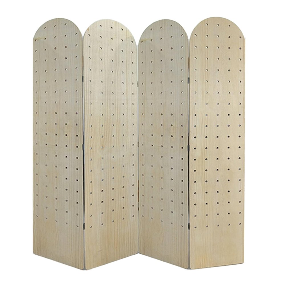 Pegboard Room Divider, W-Shaped Folding Screen with Storage Shelf, for Craft and Art Exhibitions and Retail Events (Wood Color, 180 x 40 cm, 4 Panels)