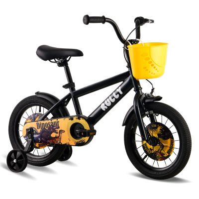 RULLY Dinosaur 16-Inch Boys' Bike for Ages 4–7, Black/Yellow, with Removable Training Wheels, Coaster and Hand Brakes, Basket