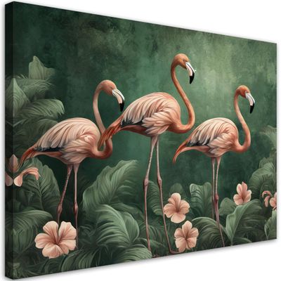 Feeby Canvas Wall Art, Flamingos in Green Jungle, 120 x 80 cm XXL, 1-Piece