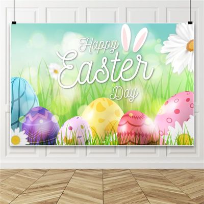 Happy Easter Decorations Photography Backdrop, Illustrated Easter Eggs, Bunny and Flowers, 150 x 220 cm Vinyl
