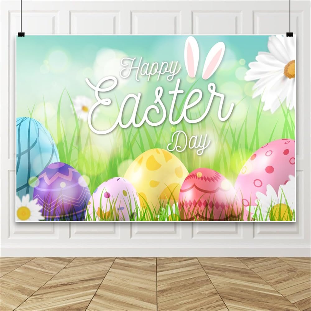 Happy Easter Decorations Photography Backdrop, Illustrated Easter Eggs, Bunny and Flowers, 150 x 220 cm Vinyl