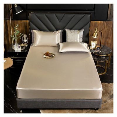 MTKSFDC Satin Cold-Feel Ice Silk Bed Sheet Set with Pillowcase, Golden, 180 x 200 cm, 3 Pieces