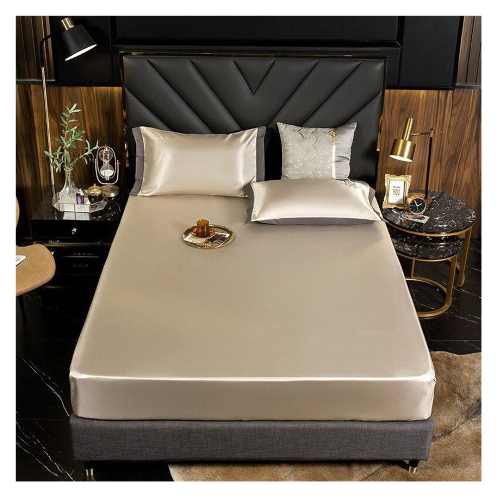 MTKSFDC Satin Cold-Feel Ice Silk Bed Sheet Set with Pillowcase, Golden, 180 x 200 cm, 3 Pieces