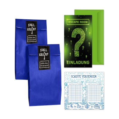 8 Kids' Escape Room Party Invitations for Girls and Boys, Green, with 8 Envelopes, 8 Blue Bags, 8 Stickers and 8 Battleship Pads