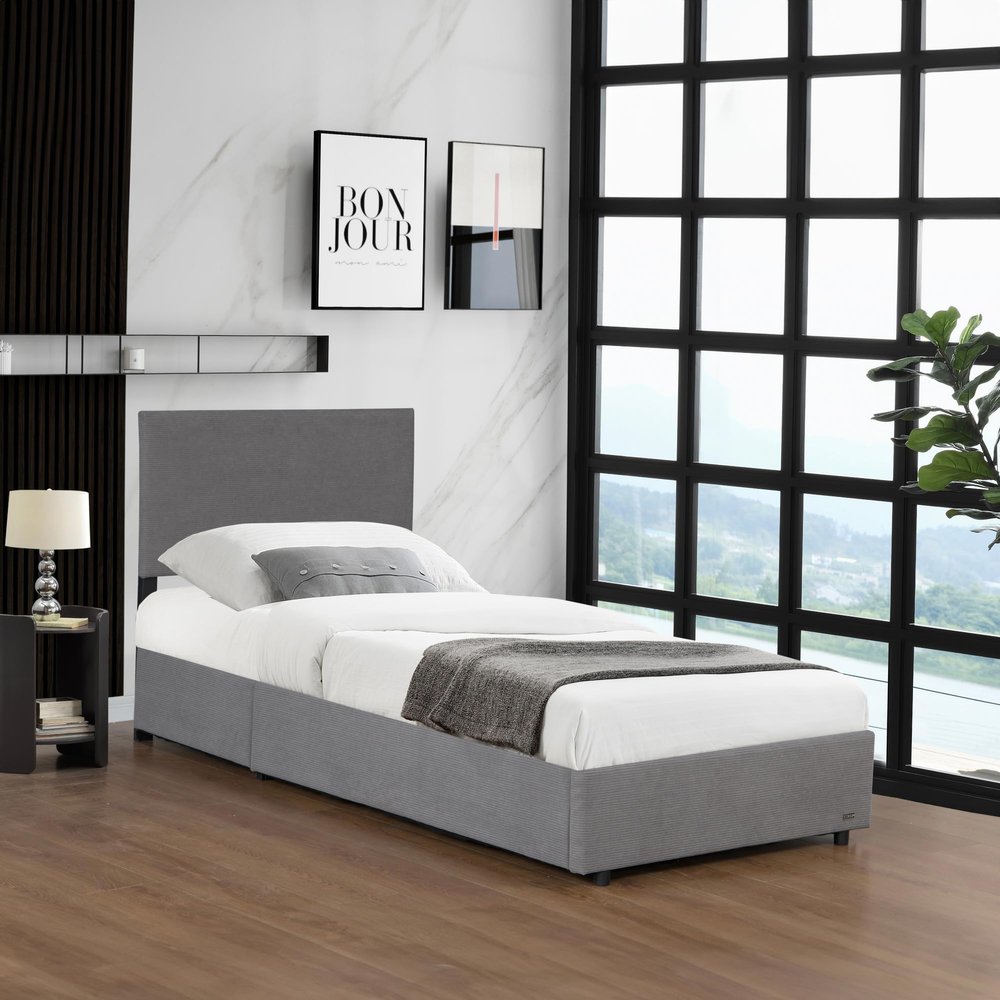 Corium Juva Upholstered Bed Frame with Lift-Up Slatted Base, Corduroy, 90 x 200 cm, Gray