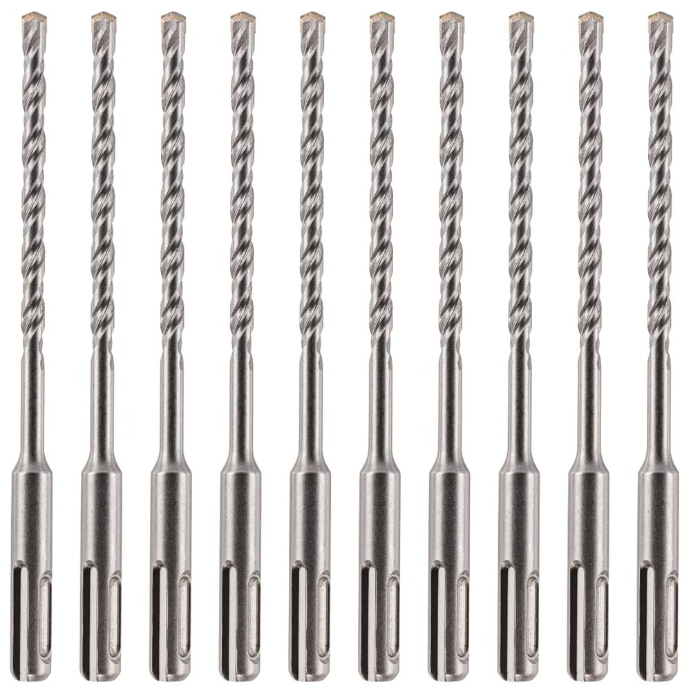 SDS Plus Hammer Drill Bits, 6 mm x 160 mm, Tungsten Carbide-Tipped Masonry Bits for Brick, Concrete, Stone and Granite, 10-Piece Set
