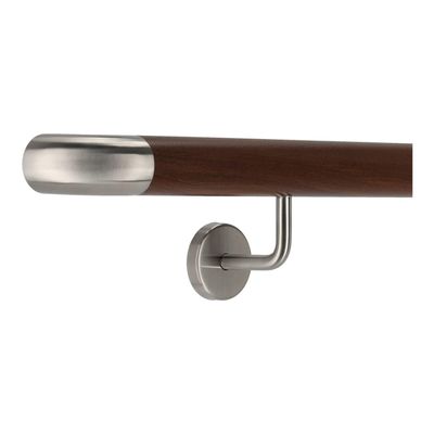 TIBU Aluminum Handrail, Walnut Décor, 510 cm, with 6 Angled Stainless Steel Brackets and Wall Bend