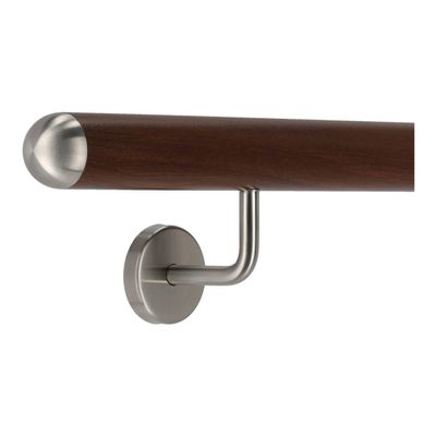 TIBU Aluminum Handrail, Walnut Wood Decor, 370 cm, 4 Angled Stainless Steel Brackets and Semicircular Cap